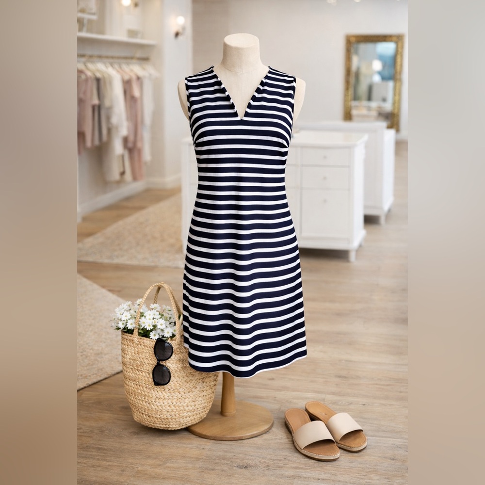 Jude Connally Navy White Striped V-Neck Sleeveless Dress Size Small